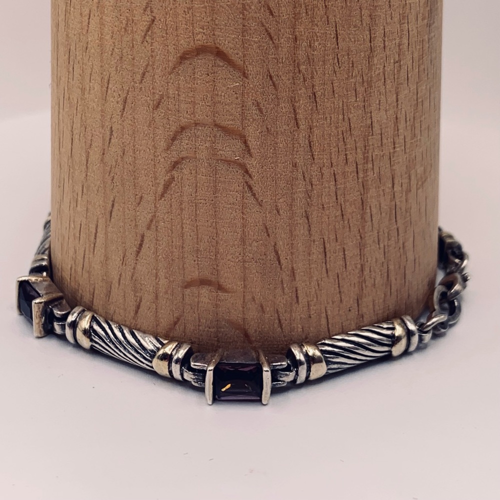 Bold Sterling Silver w/Faceted Emerald Cut Amethyst’s & Gold Accents Bracelet - Picture 6 of 16